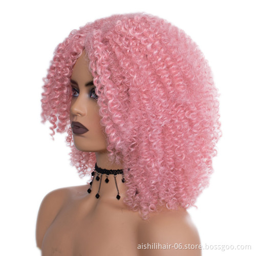 Heat resistant fiber pink short afor kinky curly wigs wholesale good quality synthetic hair wigs for black women